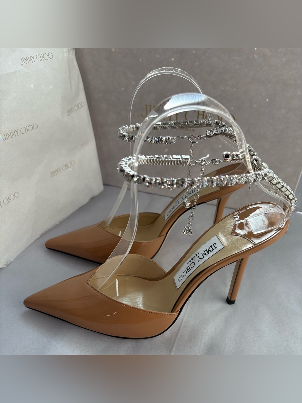 New JIMMY CHOO Saeda Patent Camel Pumps 37.5 $1295 Brand New - Picture 7 of 14